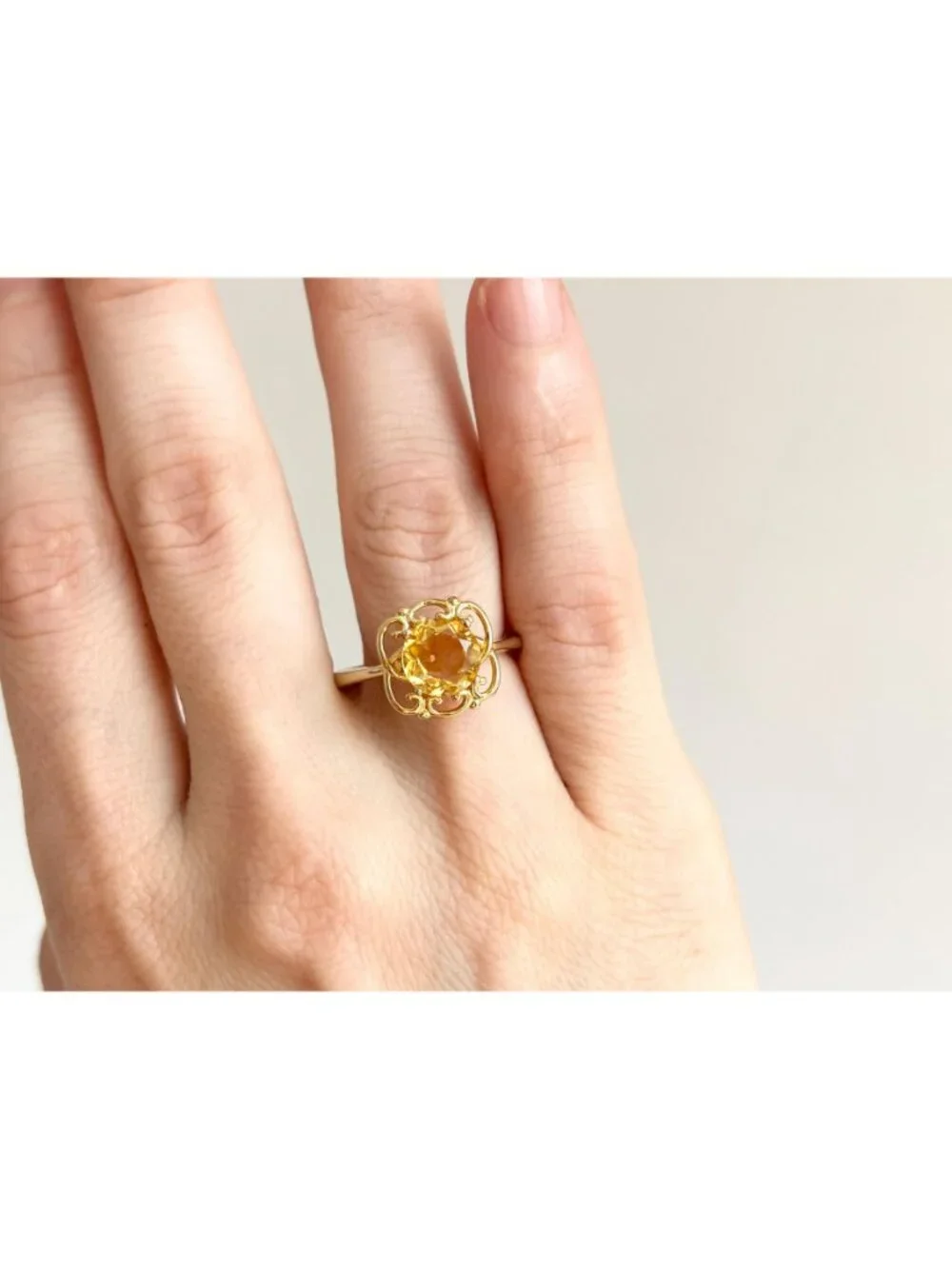 Gold Overlay Citrine Gemstone Solitaire Sterling Silver 925 Vintage Ring - sz 7